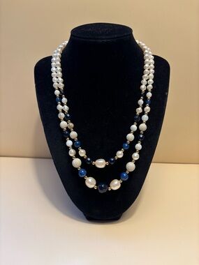 Liz Claiborne Double-Strand Faux Pearl and Blue Bead Necklace 18”